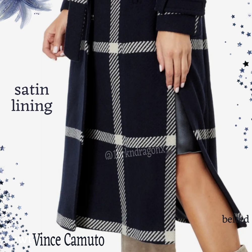 Brand New Vince Camuto Wool Belted Navy White Plaid Trench Coat Fur LARGE FUR - Picture 11 of 17